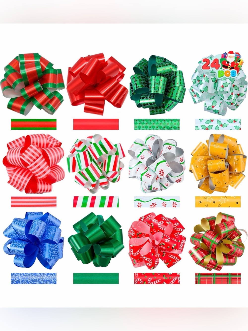 24-Pack Assorted Holiday Gift Bows and Ribbons - Red, Green, Gold, Blue, White